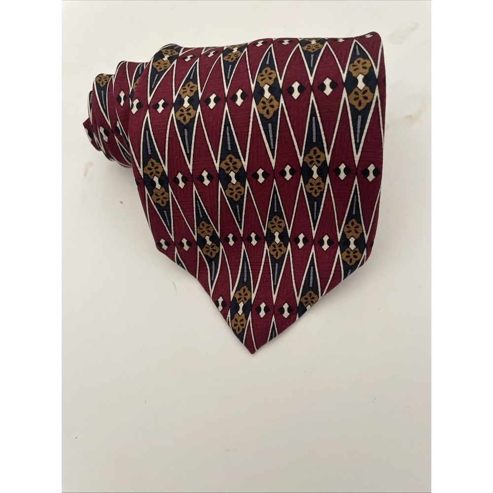 Via Europa Men Silk Necktie Burgundy Gold Navy Geometric Diamond Floral USA Made